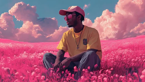 Daydreaming in a neon pink meadow under cotton clouds.