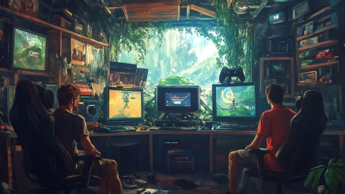 Dual gaming workstation in overgrown interior studio space.