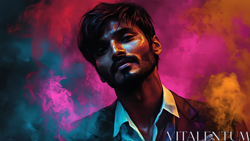 Neon-lit digital portrait with cinematic smoke gradients.