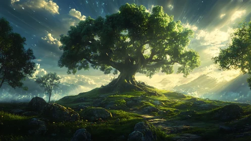 Luminous arboreal colossus on irradiated verdant hillside.