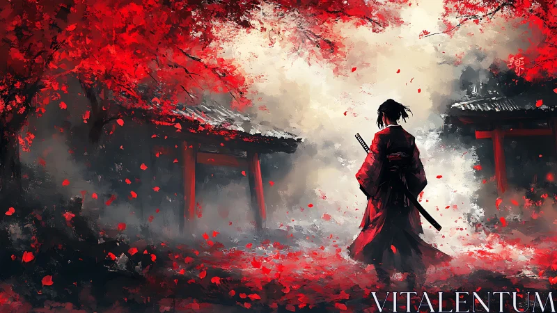 Solitary samurai beneath crimson foliage in misted shrine.