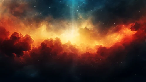 Digital nebula skyline with luminous vertical beam focus.