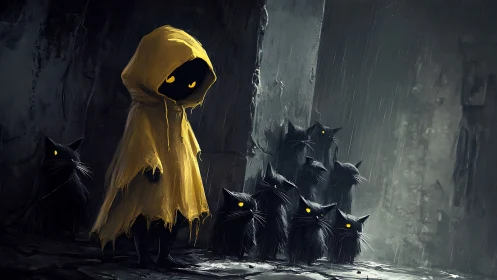 Rain-soaked shadows trade secret glances in yellow hood