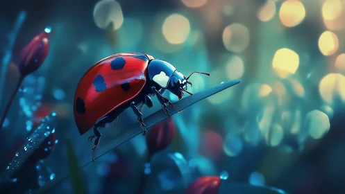 Ladybug tiptoes through moonlit bokeh in a dewlit garden