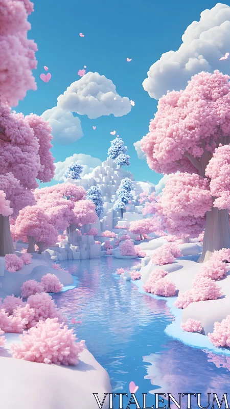 Pink fantasy river valley with pastel trees and clouds.