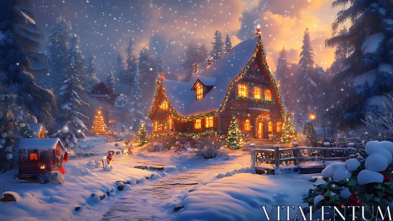 Snowy Christmas cottage glows with warm festive lights.