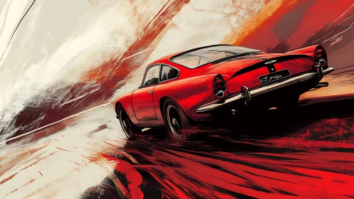 Red classic sports car powers through abstract speedscape.