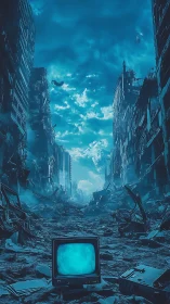 CRT monitor glows amid cyberpunk post-apocalyptic ruins