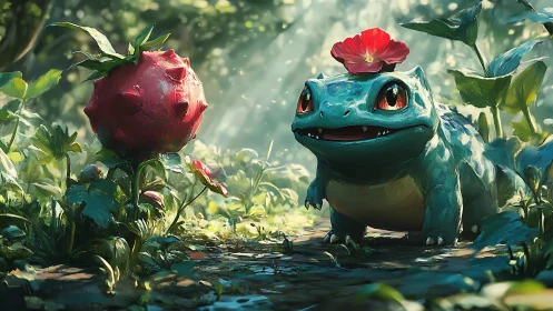 Bulbasaur explores luminous forest with poppy bloom
