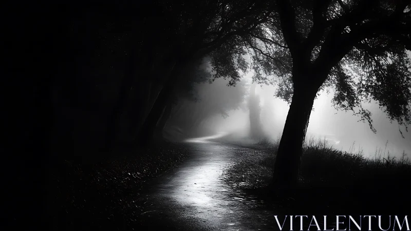 Misty forest path in low light with silhouetted trees.