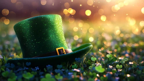 Green glitter top hat on clover field at sunset light.