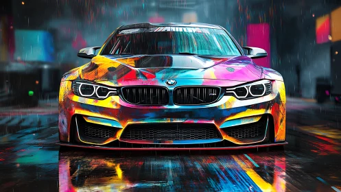 Widebody BMW sports sedan with neon splatter livery in rain-soaked alley