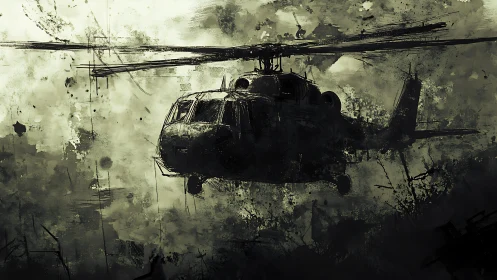 Military helicopter hovers in abstract, monochrome environment
