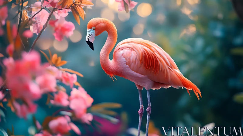 Neon-lit flamingo stands amid bokeh-lit botanical bloomscape