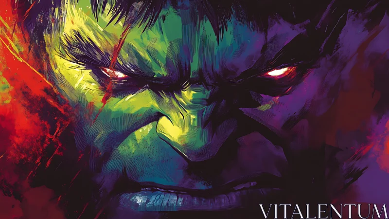 Intense close up of glowing eyed green comic character.