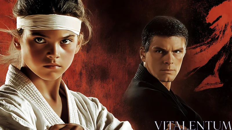 Focused young martial artist with steady mentor at her side.