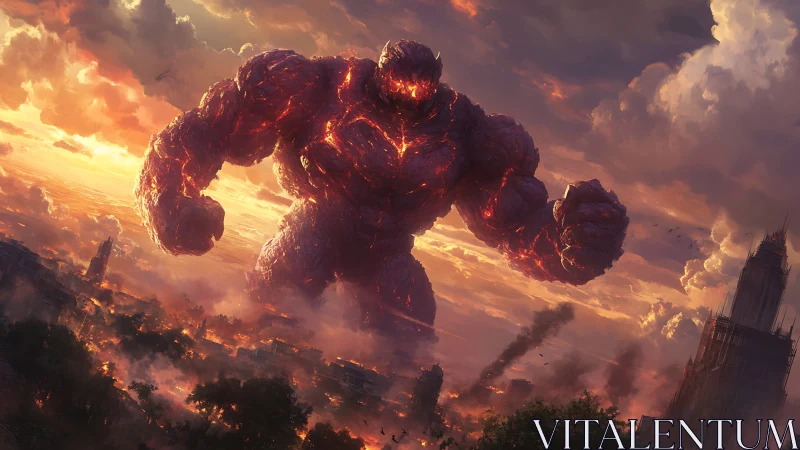 Molten stone titan towers over burning dusk cityscape.