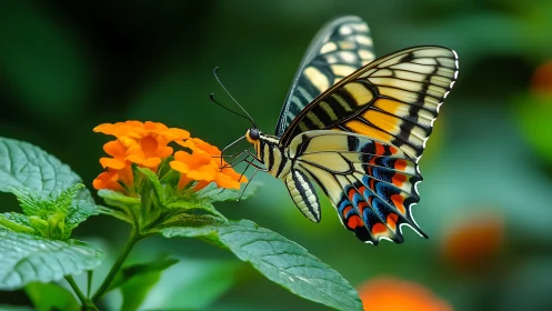 Striped swallowtail butterfly on vivid orange blossoms closeup.