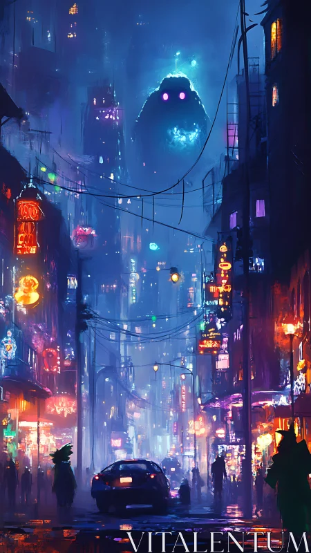 Neon drenched cyberpunk avenue frames hovering spectral colossus