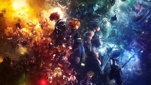 Epic anime warriors divide radiant light and cosmic night.