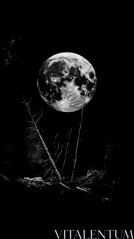 Monochrome lunar disc above sparse silhouetted branches.
