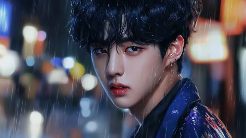 Hyperreal rainy night portrait of youth with neon bokeh