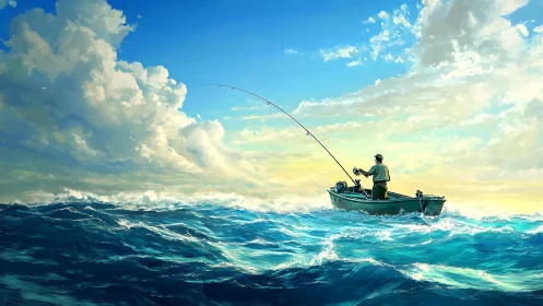Lone angler on sunlit ocean swells under vast clouds.