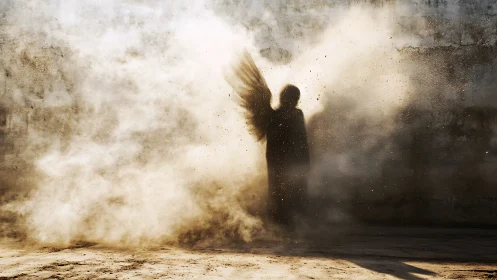 Winged human silhouette emerging in dense swirling dust.