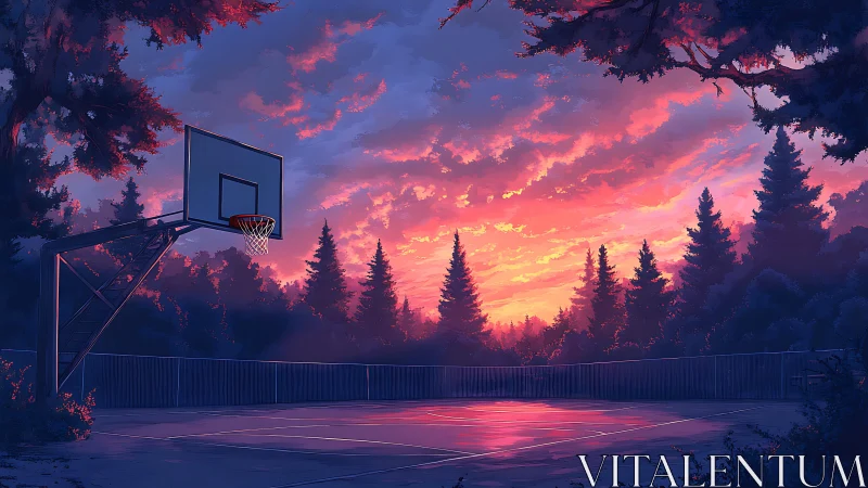 Twilight forest court under vivid pink and violet sunset sky.