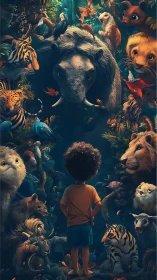 Curly haired child confronts watchful jungle animals in dusk light