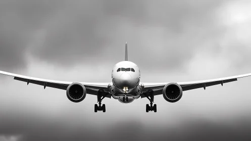 Passenger jet approaches camera head on with landing gear down