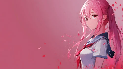 Melancholic pink haired schoolgirl gazes across falling petals