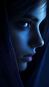 Cloaked female profile in deep cinematic blue lighting.