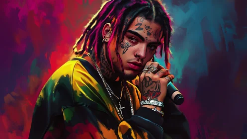 Electric portrait of a tattooed rapper holding a live mic