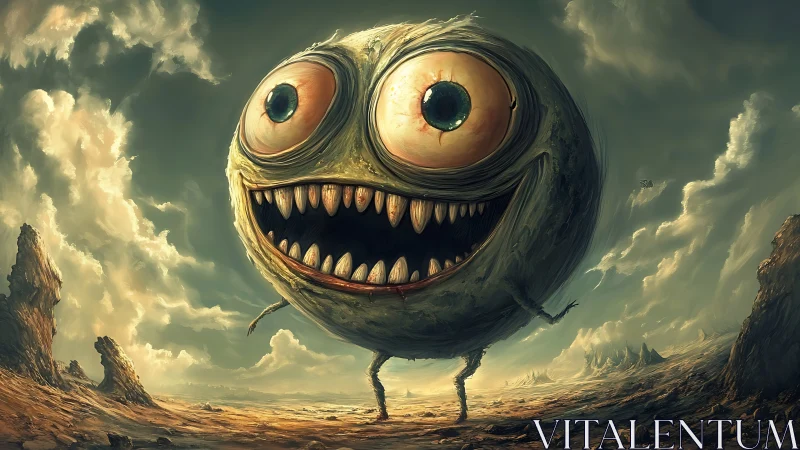 Spherical one-eyed monster strides across barren landscape
