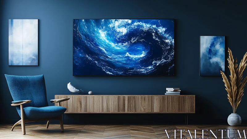 Modern living room displays large abstract ocean painting