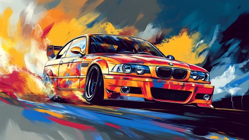 BMW drift car explodes through abstract neon color storm
