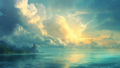 Sunrise clouds dramatically ignite a tranquil turquoise sea