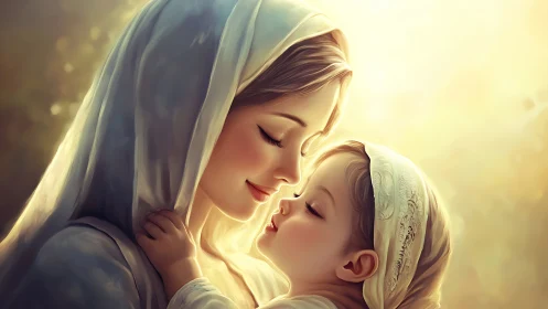 Golden hush between mother and child in luminous embrace.