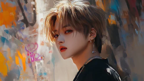 Youthful portrait beside abstract graffiti, soft rim lighting.