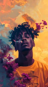 Digital portrait with clouds, flowers, and facial lightning.