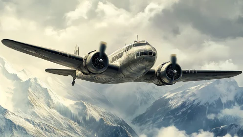 Vintage twin engine airliner cuts through stormy alpine sky.