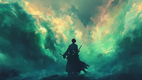 Lone wanderer of the stormlit sky walks toward destiny.