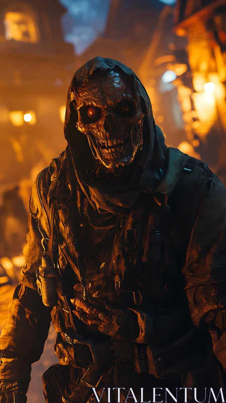 Hooded skeletal wraith in firelit alleyway environment.