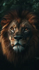Majestic lion portrait under dramatic low key lighting.