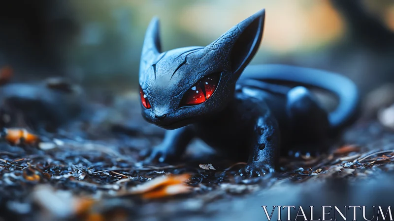 Small black dragon figure with red eyes on forest floor.