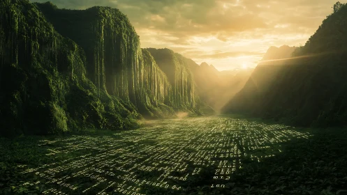 Data river at dawn where code and emerald jungle meet.