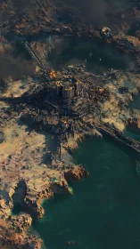 Futuristic coastal fortress above toxic green waters.