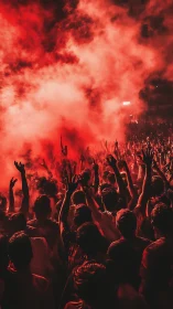Crowd surges under red smoke at intense night concert.