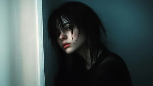 Quiet blue moment shows a thoughtful girl resting by the wall